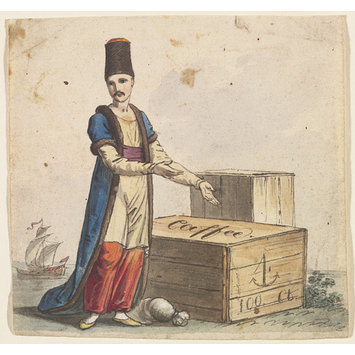 Watercolour - Figure of a Merchant with a crate marked caffee Watercolour - Figure of a Merchant with a crate marked caffee