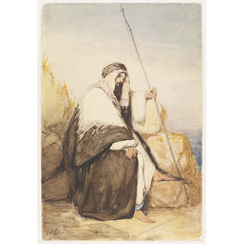 Watercolour - Figure of a Man in Arab dress, seated, holding a spear