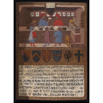 Tempera painting - Tavoletta di Biccherna: The Camarlingo Niccolò di Leonardo della Gazaia, His Scrivener and Three taxpayers