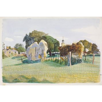 Watercolour - View of the Ruins of the Cloister, the Belfry of St. Mary's Church, and the Vicarage, Tilty; Recording Britain Collection