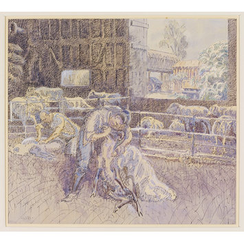 Watercolour - Sheep Shearing at Garrett's Farm, Bocking; Recording Britain Collection