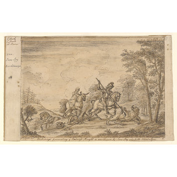 Drawing - Archimago personating the Redcross Knight is overthrown by Sans Loy who kills Unas Trusty Lyon