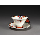 Cup and saucer - Vogue (shape); Red Blocks (pattern) Cup and saucer - Vogue (shape); Red Blocks (pattern)