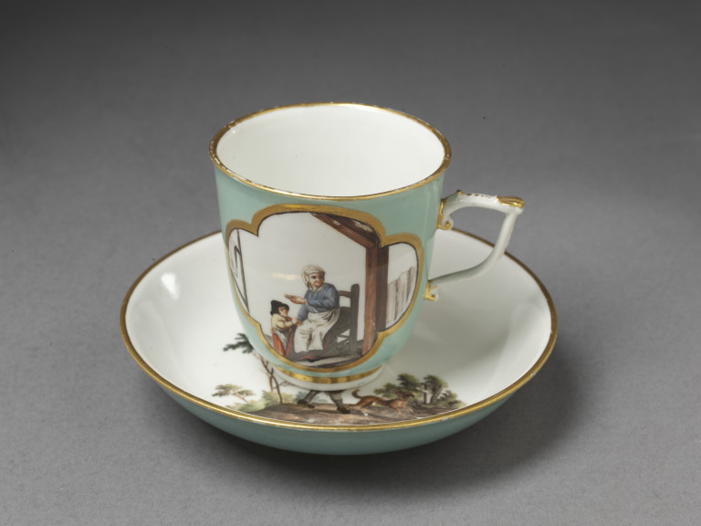 Coffee cup and saucer, hard-paste porcelain painted in enamels and gilt, ...