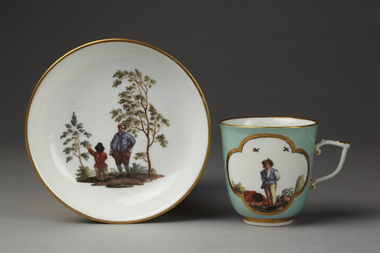 Coffee cup and saucer, hard-paste porcelain painted in enamels and gilt, ...