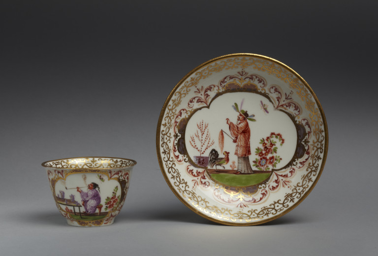 Teacup and saucer, hard-paste porcelain, painted in enamels and gilt, ...