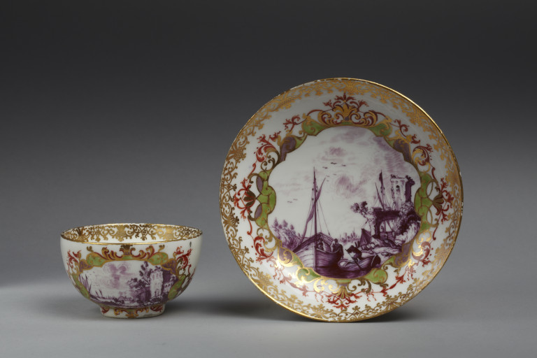 Teacup and saucer, hard-paste porcelain painted in enamels and gilt, ...