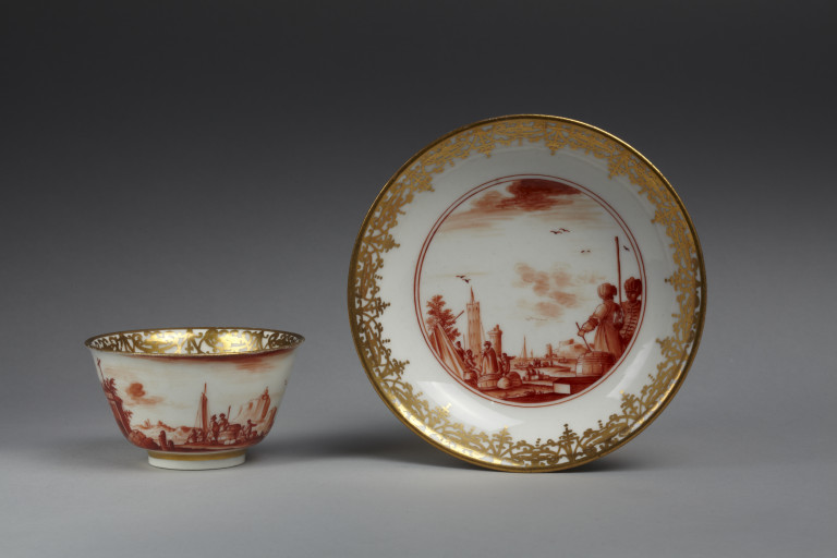 Tea cup and saucer, hard-paste porcelain, painted in red enamel and ...