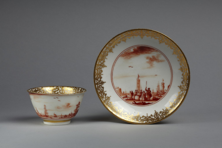 Tea cup and saucer, hard-paste porcelain, painted in red enamel and ...