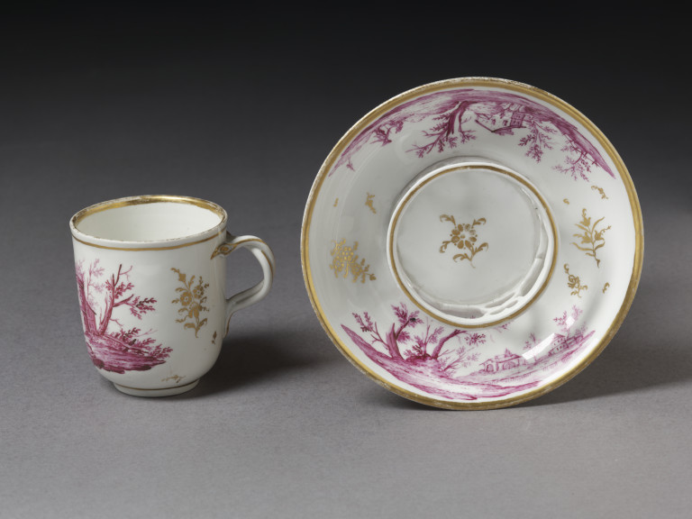 Coffee-cup and saucer of hard-paste porcelain painted with crimson ...