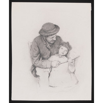 Drawing - A seated man with a little girl Drawing - A seated man with a little girl