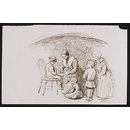 A woman helping a little boy on with his shoe (Drawing)