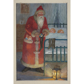 Illustration - Father Christmas putting a ball into a stocking while children sleep Illustration - Father Christmas putting a ball into a stocking while children sleep