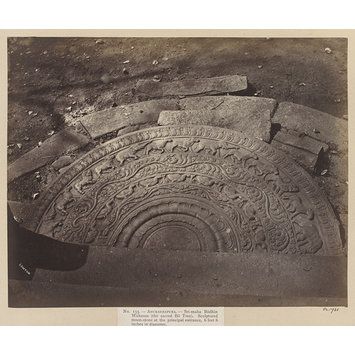 Photograph - Anuradhapura- Sri-maha Bódhin Wahanse (the sacred Bó Tree). Sculptured moon-stone at the principal entrance, 6 feet 6 inches in diameter. (No. 133); Moonstone from the principal entrance of the Sri-maha Bódhin Wahanse (the sacred Bó Tree) at Anuradhapura.