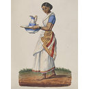 An ayah in a blue choli carrying a china ewer and basin (Watercolour)