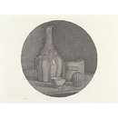 Large circular still life with a bottle and three objects (Print)