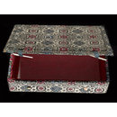 A Box covered and lined with brocade containing a card painted with a face, and with a verandah covered with a striped rug; also twelve mica overlays depicting dancers and musicians. (Box)