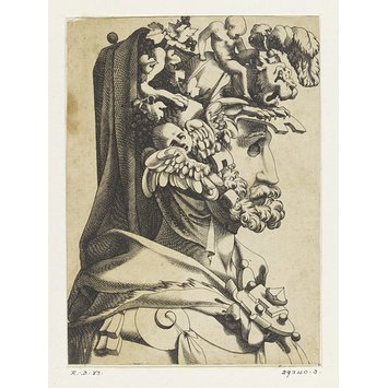 Print - Masked man with a heavily decorated helmet; Set of 24 male and female grotesque masks