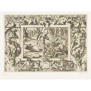 Print - Livre de la conqueste de la Toison d'Or; Jason and the Golden Fleece; Jason fighting the dragon guarding the Golden Fleece (plate 12 though numbered '10')