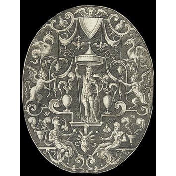 Print - Ornamental oval with Mars standing under a canopy Print - Ornamental oval with Mars standing under a canopy