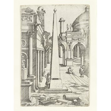 Print - A draftsman leaning against an obelisk sketching ruins; The little book of architecture ruins Print - A draftsman leaning against an obelisk sketching ruins; The little book of architecture ruins