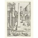 A draftsman leaning against an obelisk sketching ruins; The little book of architecture ruins (Print)