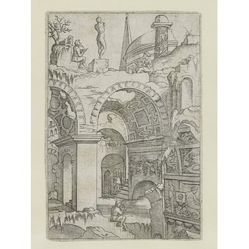Print - Two draftsmen sketching a statue above vaulted ruins; The little book of architecture ruins