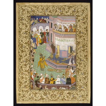 Harivamsa page, Mughal c. 1590 with borders Lucknow, 18th century - Krishna received by Raja Bhishmaka Harivamsa page, Mughal c. 1590 with borders Lucknow, 18th century - Krishna received by Raja Bhishmaka