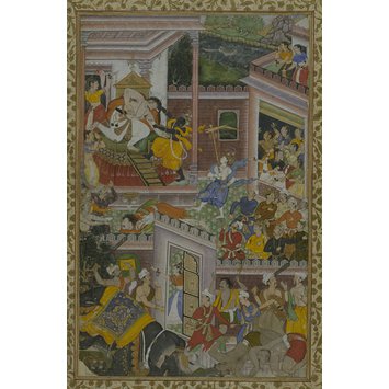 Illustration to the Harivamsa, Mughal, c. 1590, opaque water colour and gold on paper - Krishna kills Raja Kansa Illustration to the Harivamsa, Mughal, c. 1590, opaque water colour and gold on paper - Krishna kills Raja Kansa