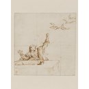 Caricature of a man with four flying letters; Allegory on the press (Drawing)