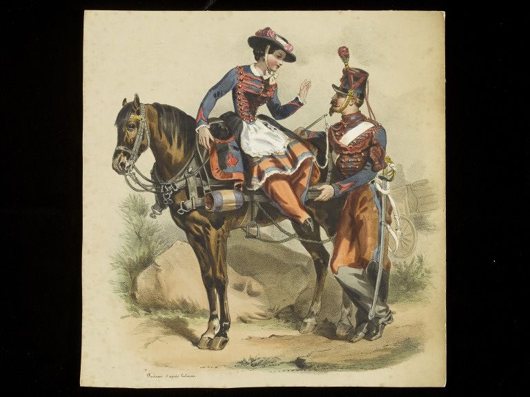 Lithograph of a woman on horseback
