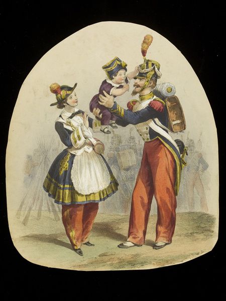 Lithograph of a man, woman and child, all in uniform