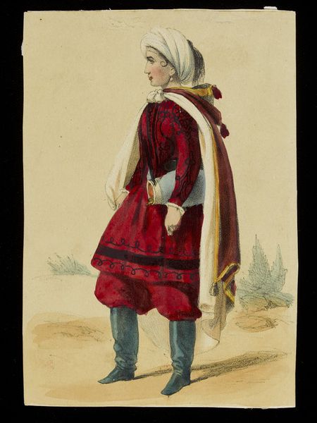 Lithograph of a woman in a red uniform