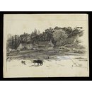 A wheelbarrow in front of a house in a dark woodland landscape (Drawing)
