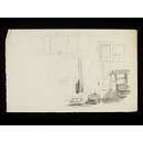 Chair in front of doors next to a fire place (Drawing)