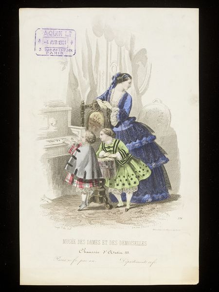 François-Claudins Compte-Calix. Woman and two children. Paris, c.1858. Published in the Musée des Dames et des Demoiselles. A woman in a blue silk dress trimmed with black lace and a flounced skirt, with a matching ribboned cap, leaning on a chair back in an interior with two small children. One, a small boy in a plaid tartan dress and grey cloak is playing with the keys on a piano while a small girl in a lime green dress decorated with black stars and bands leans on the piano stool. by François-Claudins Compte-Calix