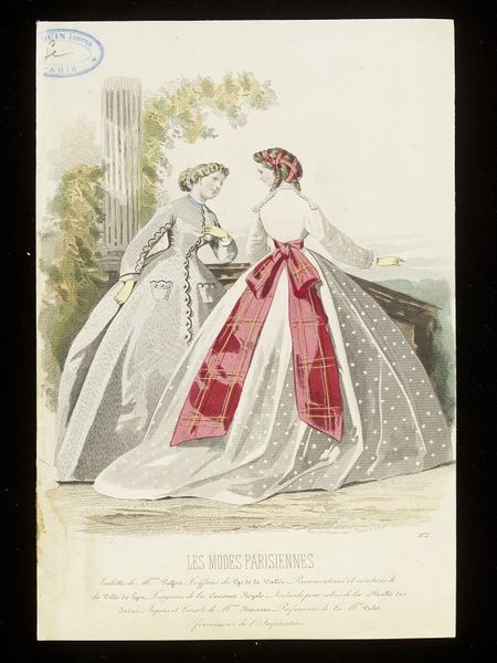 François-Claudins Compte-Calix and Carrache. Two day dresses by Mme Pieffort. Les Modes Parisiennes, early 1860s. Two women standing looking out over a view. On the left, a grey redingote dress with flecks, scallops and button details, on the right, a spotted dress with a red plaid sash. by François-Claudins Compte-Calix