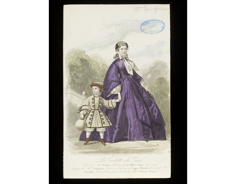 François-Claudins Compte-Calix, engraved by Braequet. Woman in an aniline purple crinoline day dress and a small boy. Hand-coloured fashion plate from La Toilette de Paris. French, 1860. Fashion plate showing a woman and child in day dress in an outdoor setting. The woman in an aniline purple silk crinoline dress, holding the hand of a little boy in a pale fawn frock with darker chocolate braiding and buttoned tab details. by François-Claudins Compte-Calix