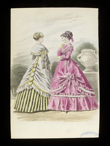 A. Lacouriere and François-Claudins Compte-Calix. Two women's day dresses. French, April 1866. From an unknown publication. Two women in an outdoor setting. Pale grey dress with caught-up overskirt and matching hat, trimmed with self-fabric tabs, pleating and yellow bands, over an underskirt of yellow and black stripes, and bright pink dress with self-fabric flounces, bows and fringe trimming. by François-Claudins Compte-Calix
