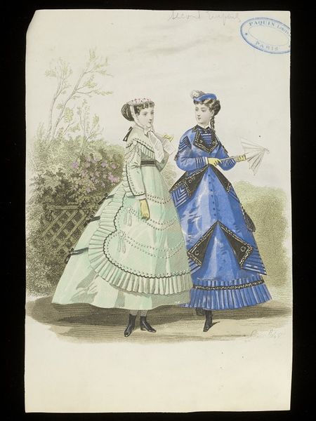 François-Claudins Compte-Calix. Two walking dresses and hats for an unidentified publication. Two women walking in a garden wearing ankle-length crinoline dresses. On the left, a pale green dress trimmed with buttons, frills, tassels, and black ribbons, with a small white bonnet. On the right, a blue dress trimmed with pleating, black lapels with white embroidery and a matching blue hat. by François-Claudins Compte-Calix