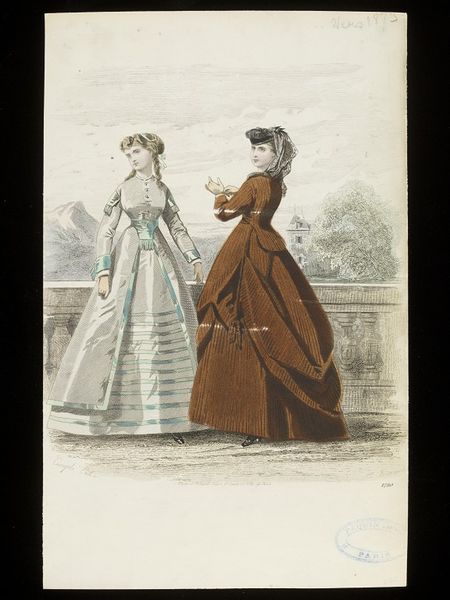 François-Claudins Compte-Calix and E. Braequet. Two women's day dresses. French, c.1868. From an unknown publication. Two women in an outdoor setting, one in a pale grey dress with pale green ribbon trimmings and Swiss waist, the other in a brown skirt, draped-up overskirt and jacket bodice with a black hat with a lace veil. by François-Claudins Compte-Calix