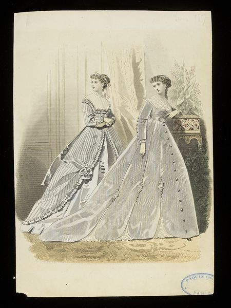 François-Claudins Compte-Calix. Two women's day dresses. French, c.1865. From an unknown publication. Two women in an interior wearing day dresses in pale blue-grey, one with stripes, the other cut with a gored skirt extending into long tabs over a white underskirt by François-Claudins Compte-Calix