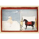 Raja Dhrub Dev examing a horse by torchlight (Painting)
