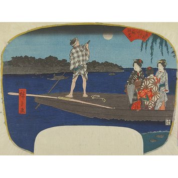 Woodblock print - The Onmayagashi Crossing; A Compendium of Ferry Crossings with Sun, Moon and Flowers Woodblock print - The Onmayagashi Crossing; A Compendium of Ferry Crossings with Sun, Moon and Flowers