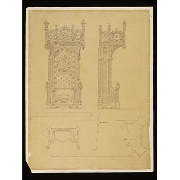 Design - Plan, front elevation, side elevation, and two details of mouldings of the Speaker's Chair Design - Plan, front elevation, side elevation, and two details of mouldings of the Speaker's Chair