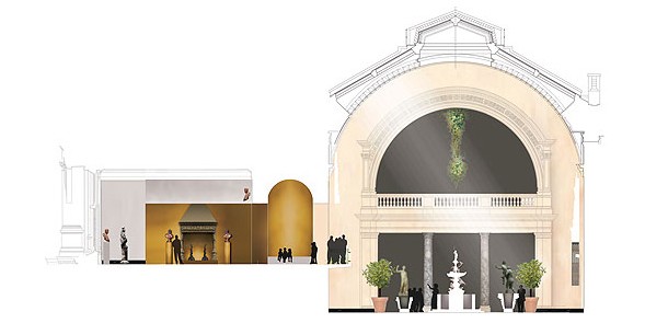Figure 1. An early visualisation of new physical connections: The Palace and home and the Courtyard and Garden displays (©MUMA)