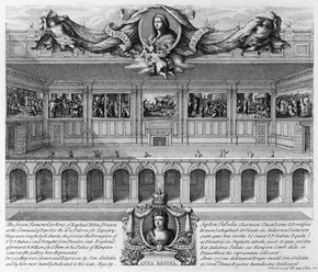 The cartoons installed at Hampton Court in 'The Seven Famous Cartons[sic] of Raphael Urbin', by Simon Gribelin, 1720. Museum no. Dyce.2504