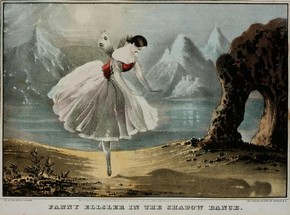 Print of Fanny Elssler in the Shadow Dance, N Currier, lithograph coloured by hand, New York, America, 1846. Museum no. S.2599-1986