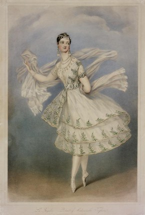 Marie Taglioni as Bayadère, coloured lithograph, 1831. Museum no. E.5046-1968