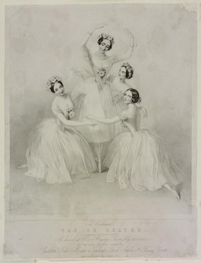 Print of the celebrated Pas De Quatre, composed by Jules Perrot as danced at Her Majesty's Theatre, lithograph, 12 July 1845. Museum no. E.5033-1968